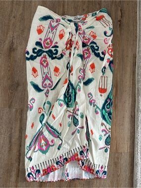 Zara Cream Midi Skirt with Teal, Pink & Orange Print